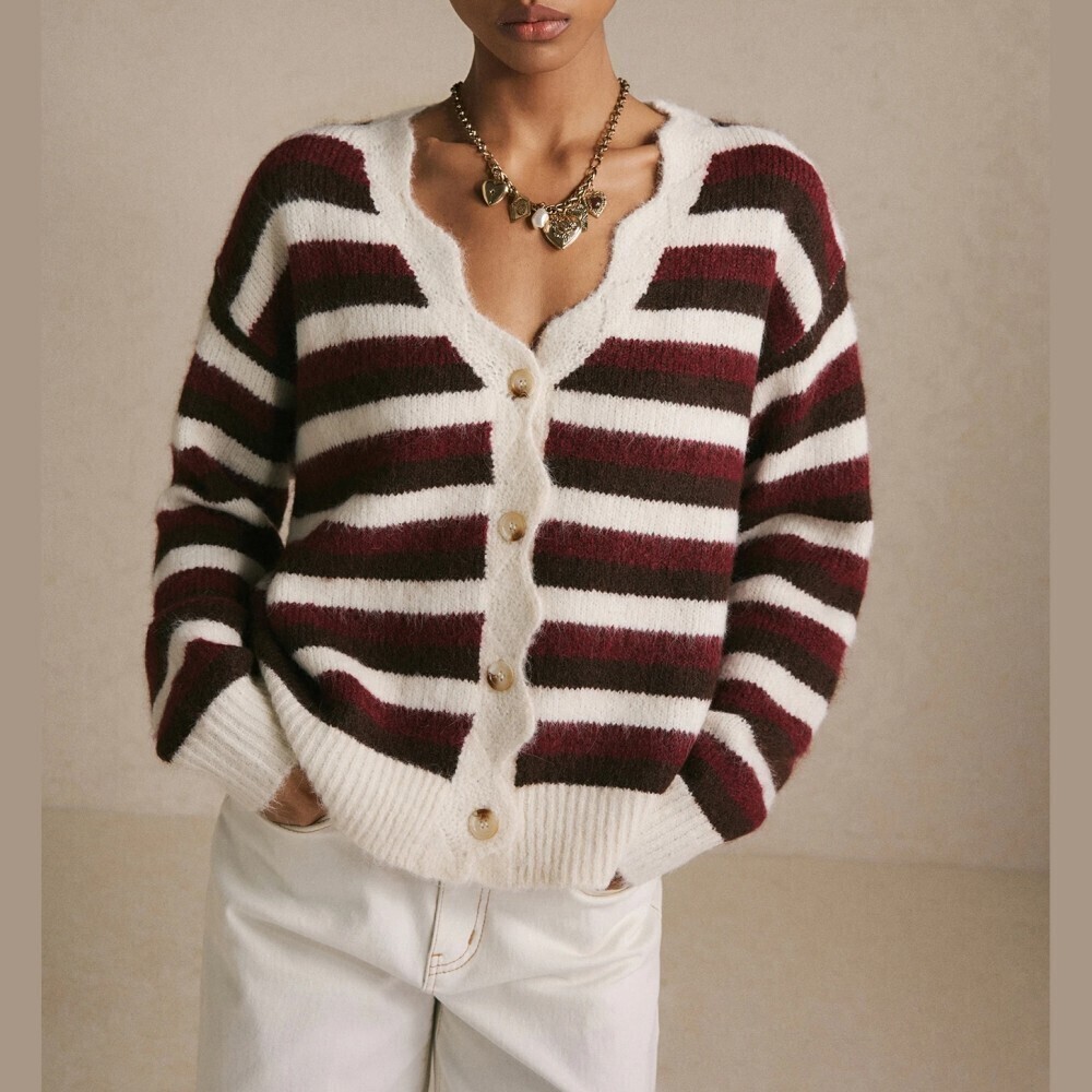 Burgundy / Brown Striped Scalloped V-Neck Knit Cardigan